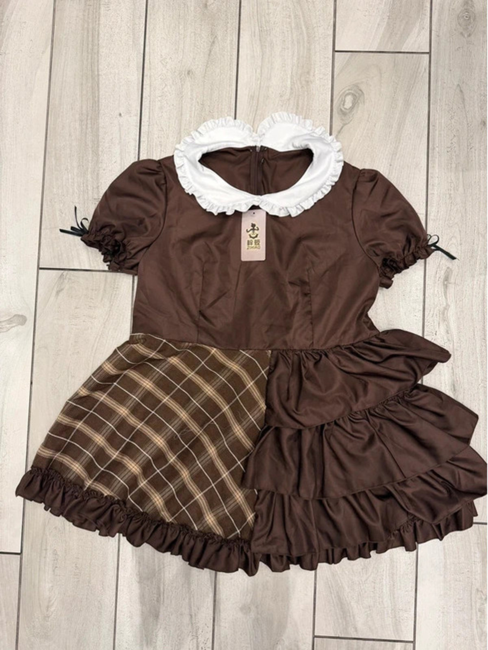 Zixiao brown maid dress 4XL Japan cosplay costume checkered NWT
